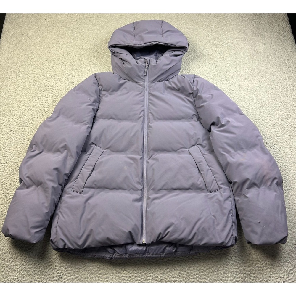 Uniqlo Seamless Down Parka Women Purple Puffer Hooded Winter Jacket Medium FLAWS